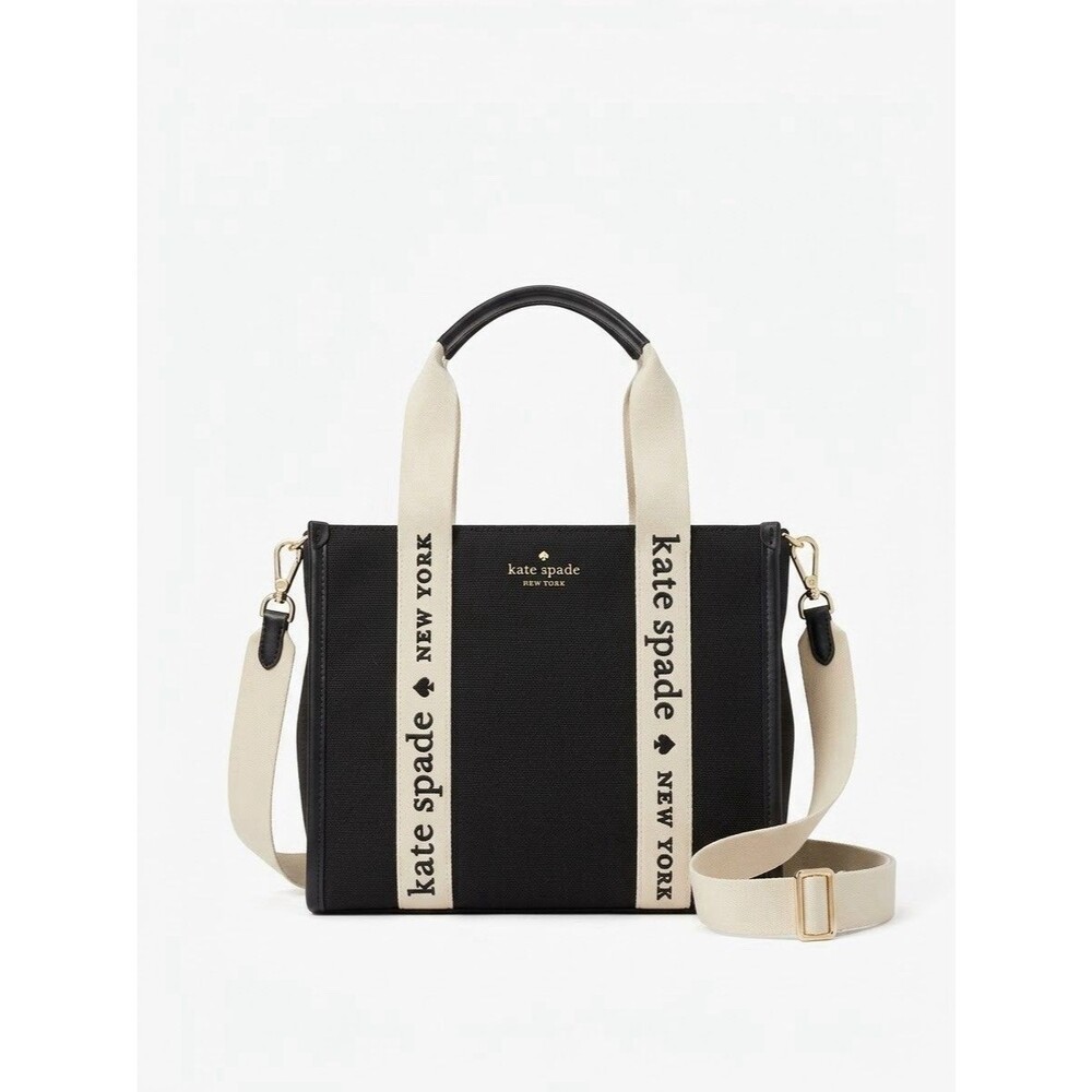 ⁠Kate Spade Ella Small Canvas Tote Crossbody Bag Black Logo Strap Handbag⁠